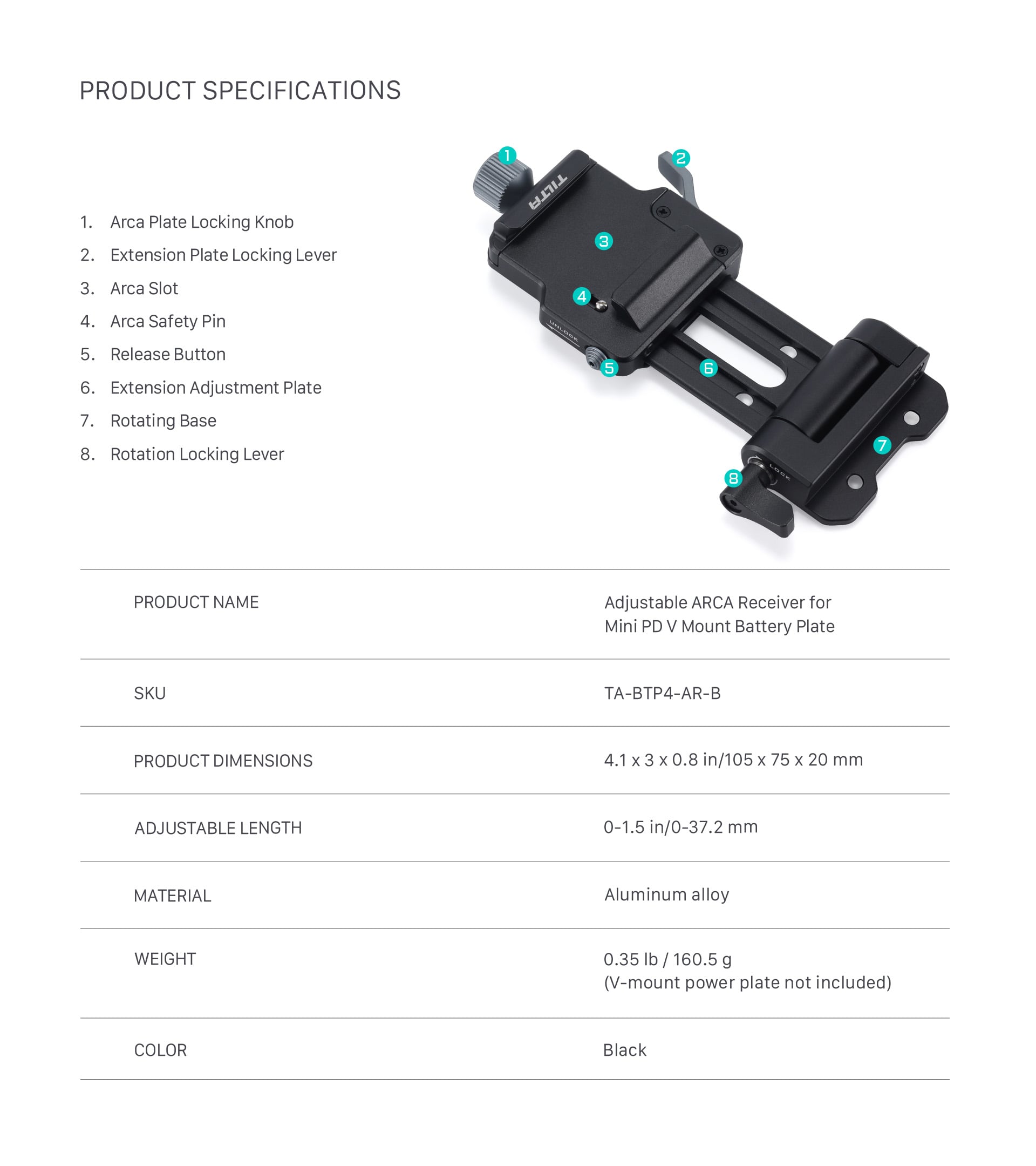 Tilta Mini PD V Mount Battery Plate with Adjustable ARCA Receiver