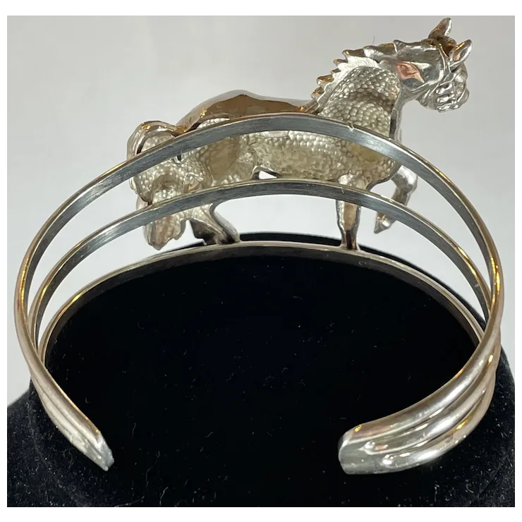 Carol Felley 1991 Sterling Silver 3D Horse Cuff Bracelet. For Sale