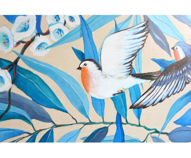 ベラルーシ 2羽の鳥の絵 50x70cm オリジナル アクリル画 ジャングルの