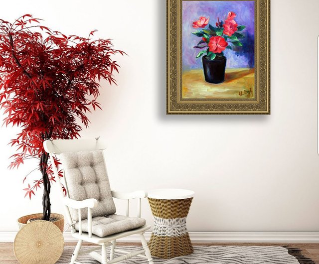 ロシア 赤い花の絵画 オリジナルアート 花の油絵 静物画