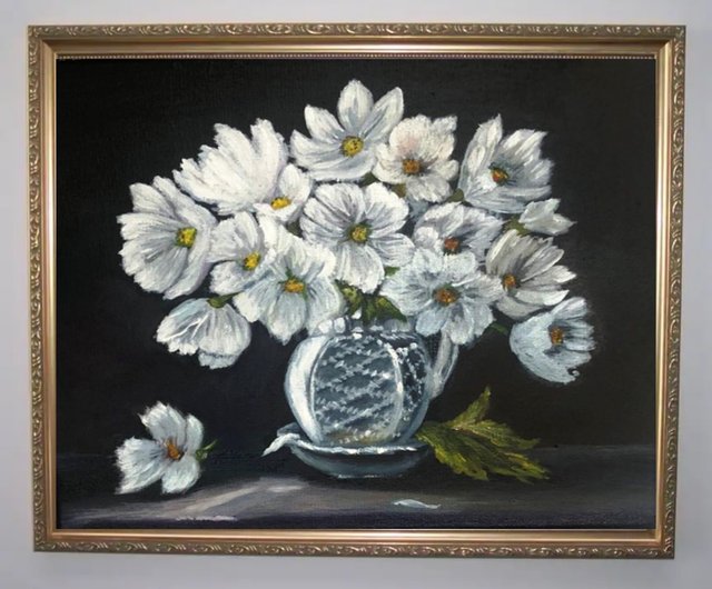 送料無料】ロシア 白い花瓶の中の白い花、黒い背景に油絵、アート