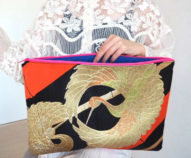 送料無料】【一点物】着物帯×帆布のパソコンケース クラッチバッグ 和