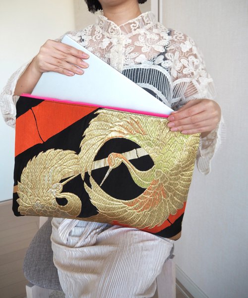 送料無料】【一点物】着物帯×帆布のパソコンケース クラッチバッグ 和