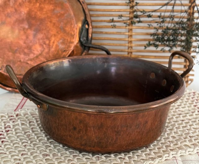 40566-驚艷法國1850年古董紅銅鍋黃銅把手大鍋36cm JSVS 古董家飾選物店