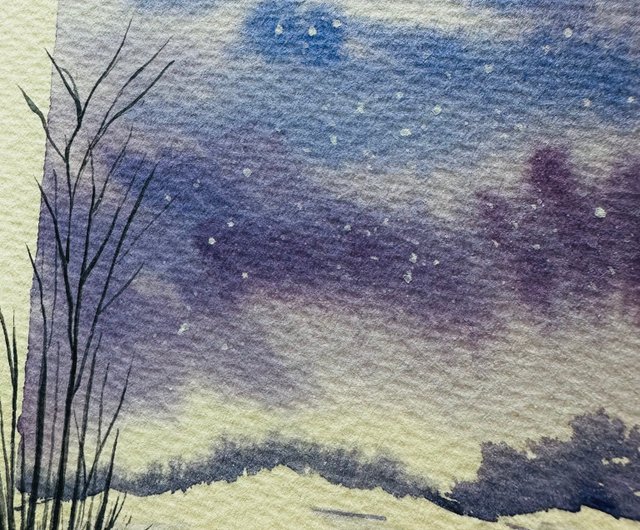 台湾 【青紫のオーロラ】水彩画／カード／掛け絵／風景画／癒やしの絵