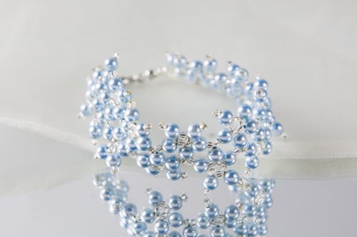 タイ ブルー マルチフローラ スワロフスキー パール ブレスレット、7.5