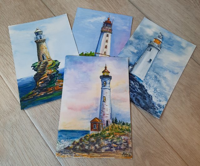 ロシア 灯台の絵 オリジナル水彩画 夕焼け空アート 海景アート AsheArt