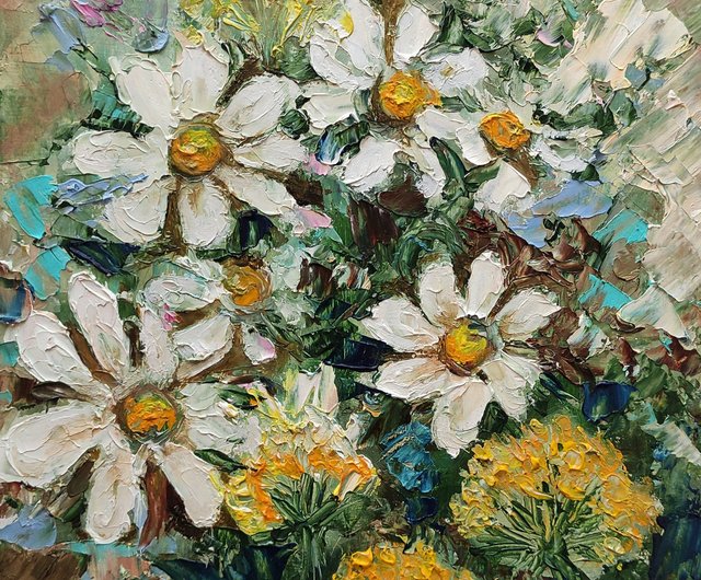 10%OFF】ロシア ヒナギクの花束オリジナル油絵花の壁アート花の厚塗り