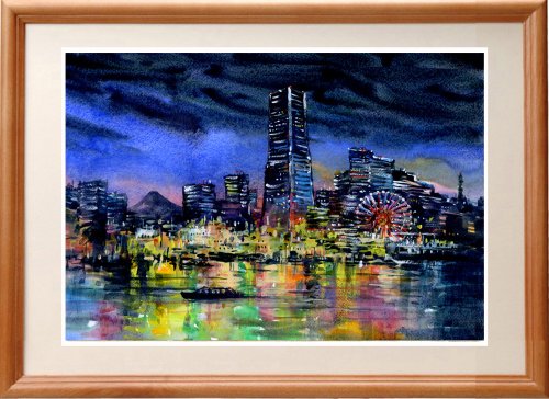 水彩画 横浜みなとみらい夜景3 松下勝明 | ポスター・絵 - Pinkoi