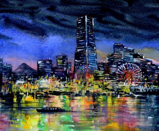 水彩画 横浜みなとみらい夜景3 松下勝明 | ポスター・絵 - Pinkoi