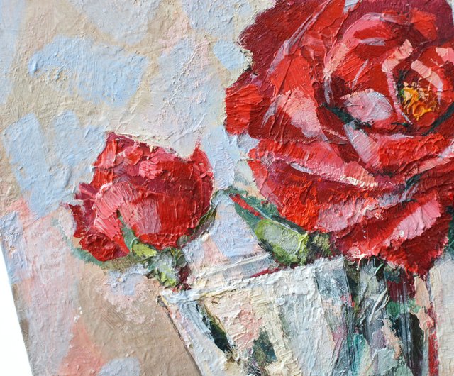 ベラルーシ バラのオリジナル油絵 20x20cm 現代絵画 現代風 赤い花