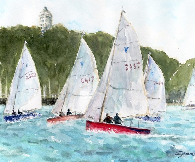 水彩画原画 帆走ヨット・江の島沖 松下勝明 | ポスター・絵 - Pinkoi