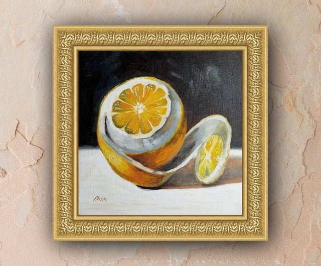 ロシア レモンの絵 オリジナル オイル アート 静物画 20 x 20 cm
