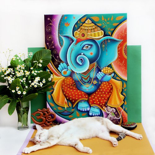 送料無料】ロシア ガネーシャ絵画インドオリジナルアート Ganapati