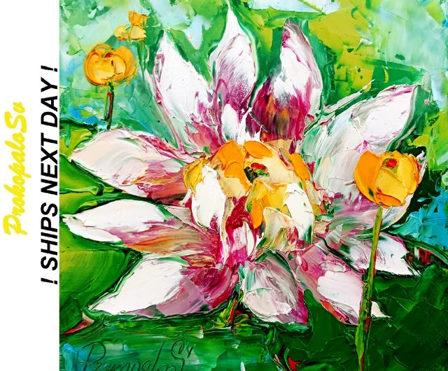 送料無料】ウクライナ 睡蓮の絵画 オリジナルアート インパストペイン