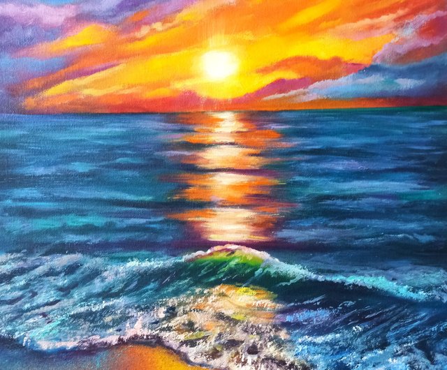 送料無料】ラトビア 夕日の海景油絵 キャンバス 60x40cm 海 オリジナル