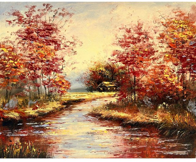 ロシア 秋の絵画風景画オリジナルアートワーク 40x50 cm/ 16x20 インチ