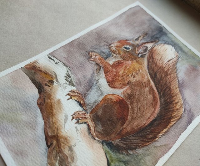 ロシア リスの絵オリジナル水彩アート鳥のアートワーク野生動物の