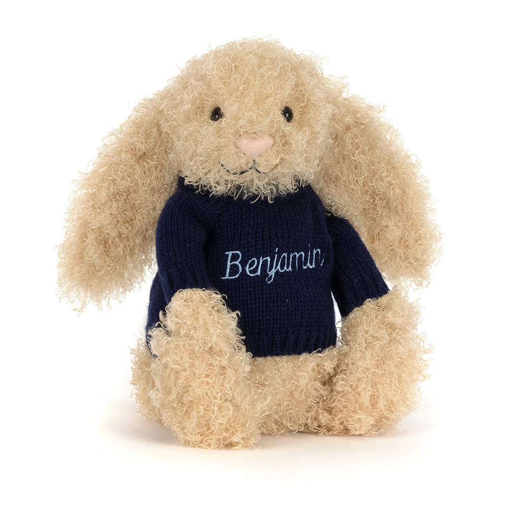Bashful Luxe Bunny Curly with Personalized Navy Jumper - Official