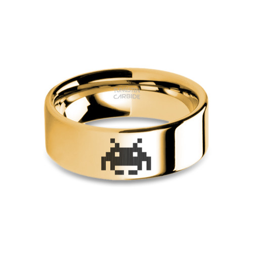 Space Invader Alien Sprite 8-bit Laser Engraved Tungsten Ring