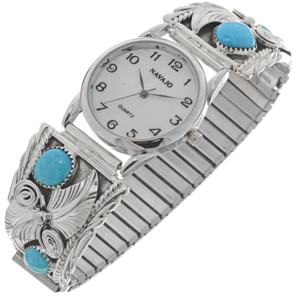 NICE Navajo Genuine Turquoise Silver Mens Watch Sterling Tips 22793