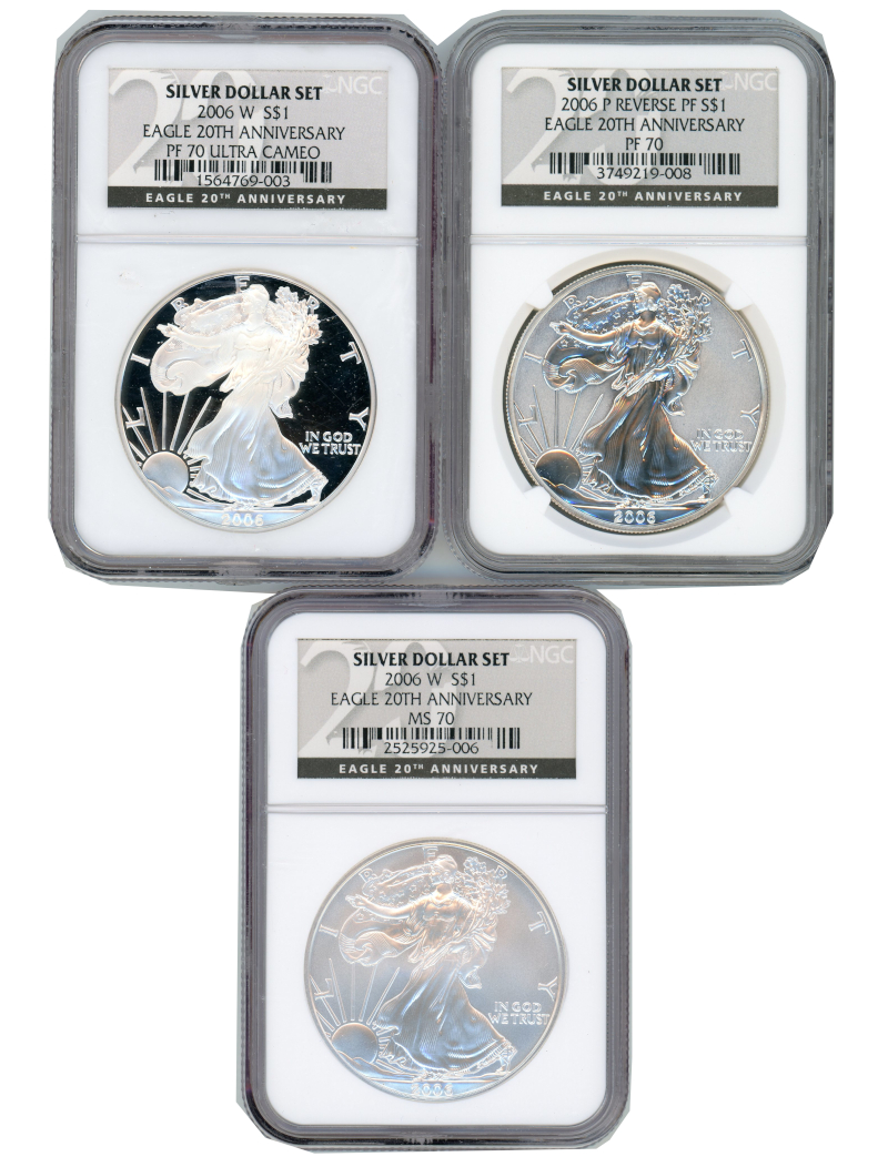 2006 Silver Eagle 20th Anniversary 3pc Set NGC PF70 MS70 | LCR Coin