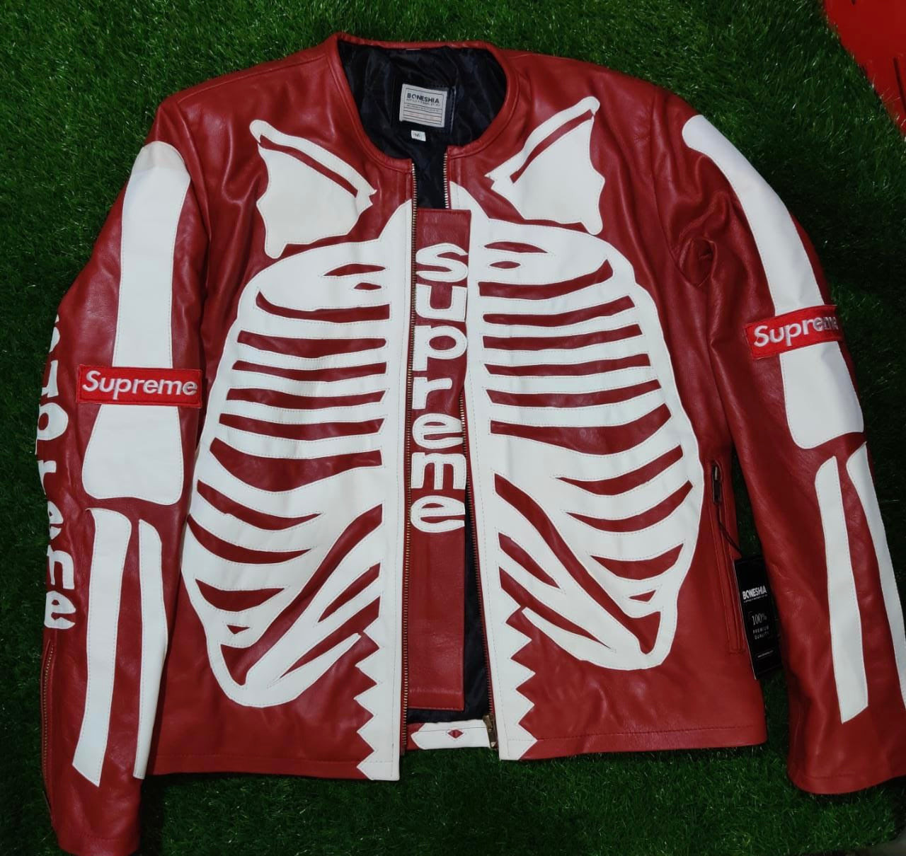 Men's Vanson Skeleton Bones Red Leather Jacket