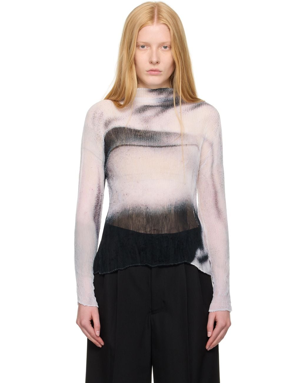 Issey Miyake Shadow Study Pleats Chiffon Twist Turtleneck in Black