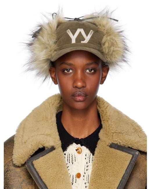 OPEN YY カーキ フェイクファー イヤーフラップ コーデュロイ キャップ