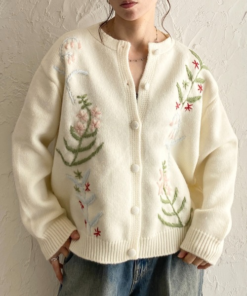 セール】花柄フラワー刺繍長袖ニットカーディガン（カーディガン