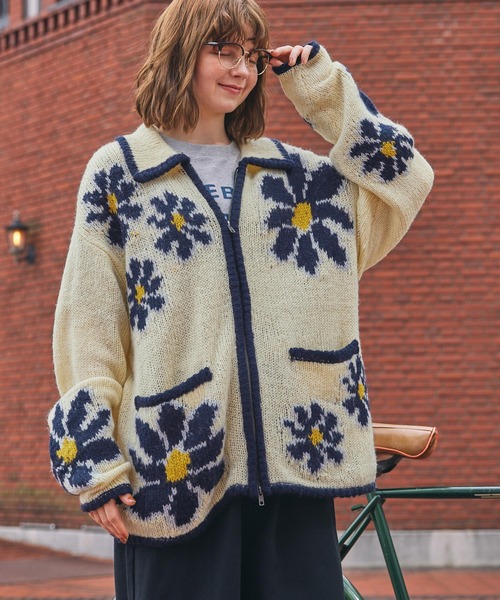 ヴィンテージライクフラワージップニットカーディガン MONO-MART