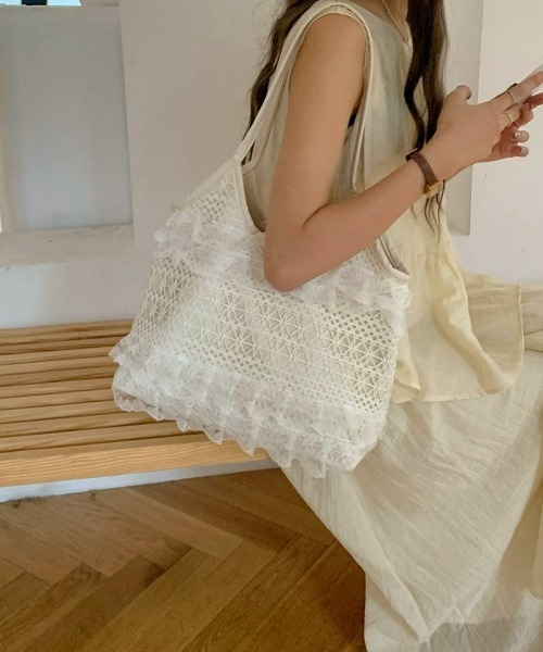 セール】Y2Kカジュアル 大容量 レース編み トートバッグ ショルダー