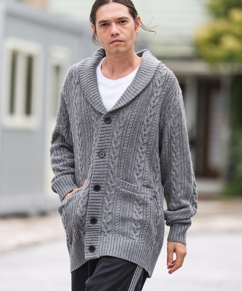 セール】mcg3295- ショールカラーケーブルカーディガン（カーディガン