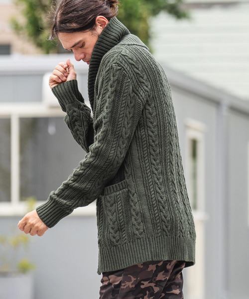 セール】mcg3295- ショールカラーケーブルカーディガン（カーディガン