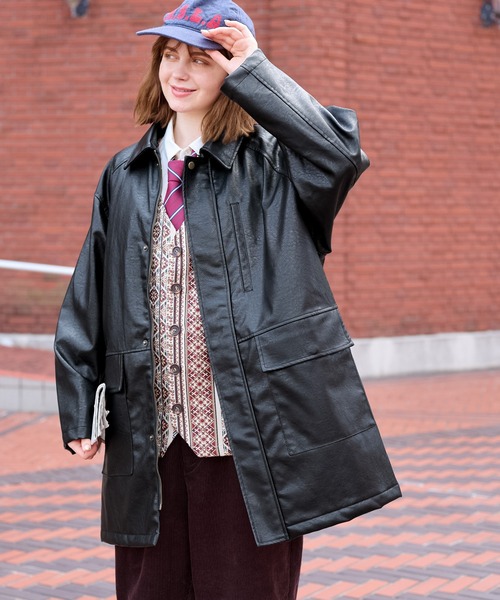 フェイクレザーオーバーサイズミディアムジャケット MONO-MART LADY'S