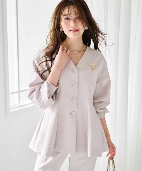 セール】【2点セット】洗える/防シワ Vネックペプラムセットアップ[S