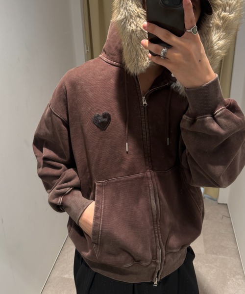 HEART PATCH FAUX-FUR ZIP HOODIE / ハートパッチフェイクファージップ
