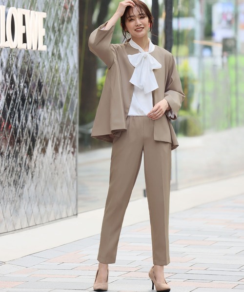 セール】洗える スーツ セットアップ パンツスーツ ノーカラー