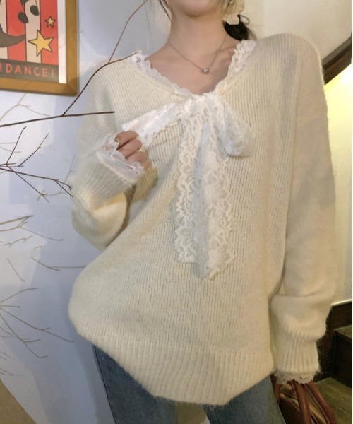 セール】2種類選ぶ 異素材ドッキング vネックレースリボンニット