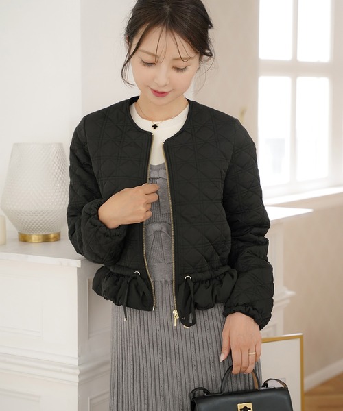 セール】2WAY ショート丈 キルティング ノーカラー中綿 ジャケット le