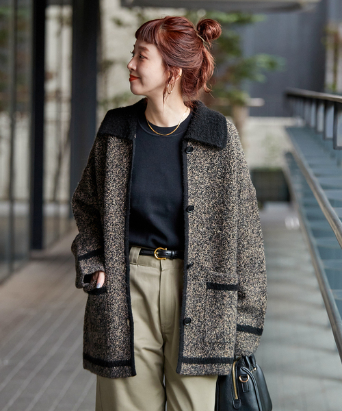 セール】手洗い可 / ツイード調パイルニットジャケット（カーディガン