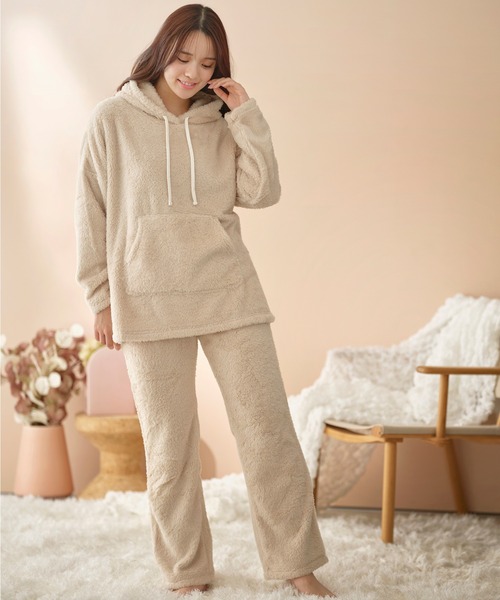 ふんわりモコモコ温活上下セット】ボアフリースパーカー＆パンツセット