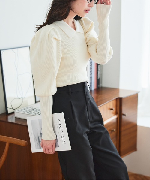 セール】プチ襟付きボリュームスリーブニットトップス（ニット