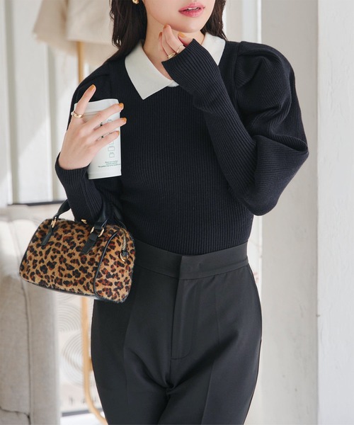 セール】プチ襟付きボリュームスリーブニットトップス（ニット