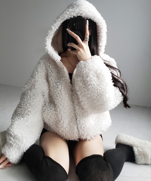 2color 】テディボアジップアップフーディクロップドコート ／ teddy