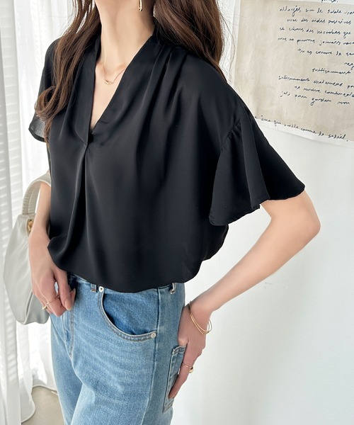 セール】タックデザインスキッパーフレア袖ブラウス（半袖）（シャツ