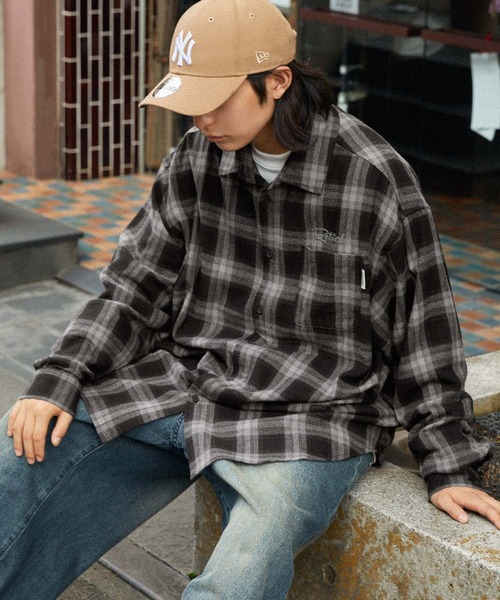 retock's】ロゴ刺繍 オンブレチェック ビッグシルエット長袖シャツ