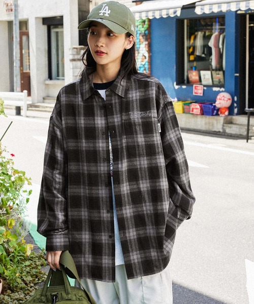 retock's】ロゴ刺繍 オンブレチェック ビッグシルエット長袖シャツ