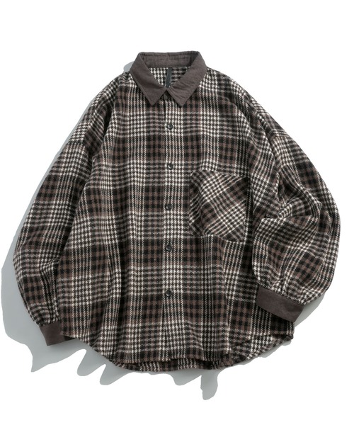 セール】Vintage-like collar corduroy check flannel shirt