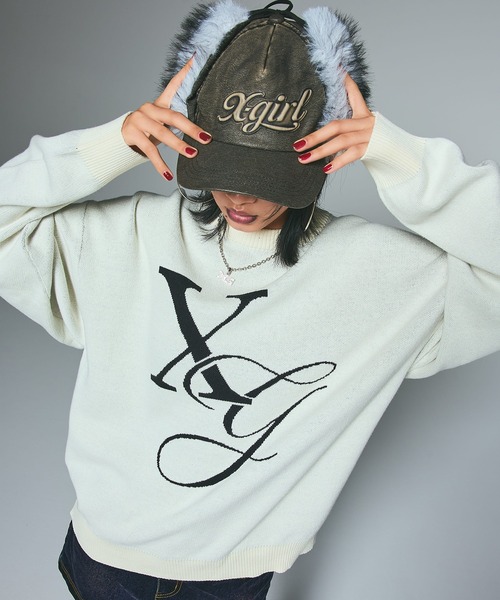 X-girl（エックスガール）の「XG MONOGRAM LOGO JACQUARD KNIT TOP